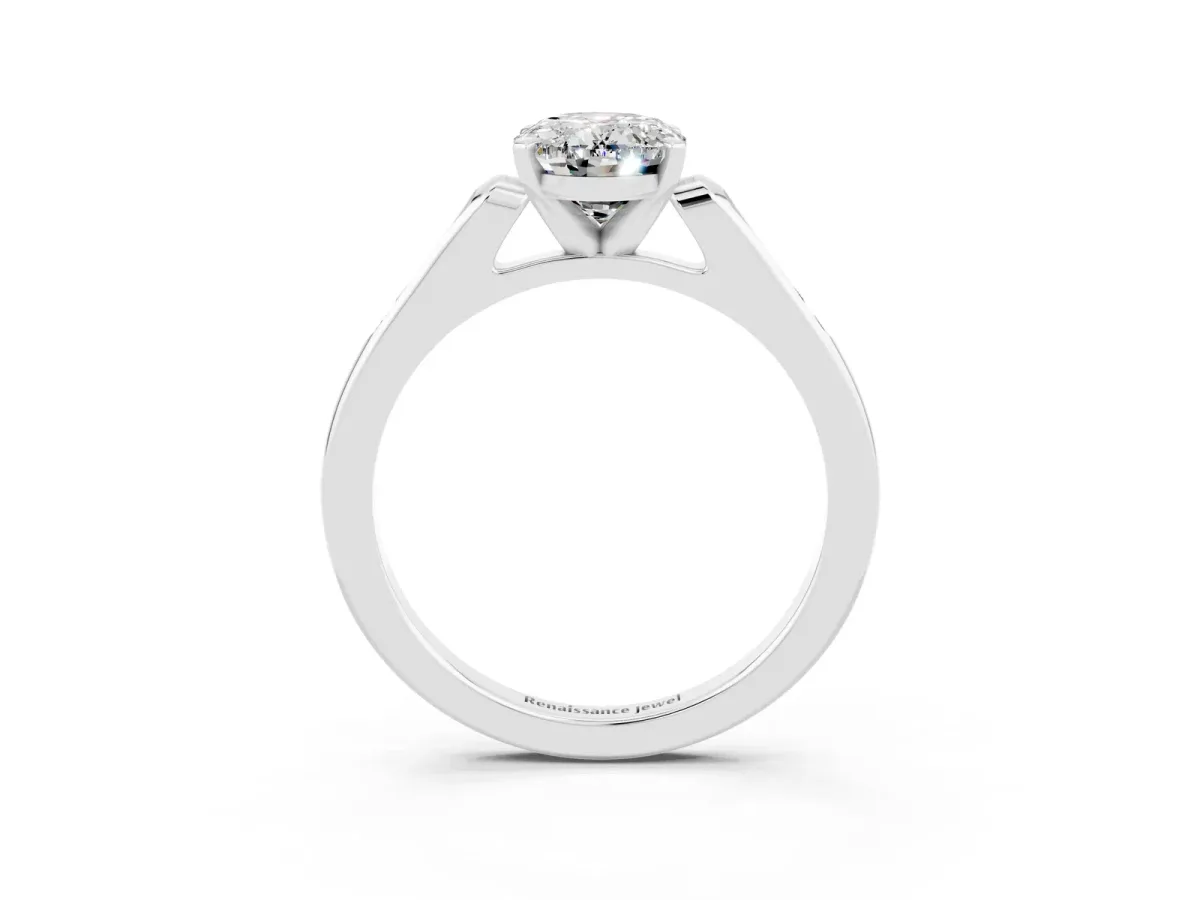 Oval Cut Moissanite Solitaire Ring with Channel Set Round Band and Prong Setting Silver