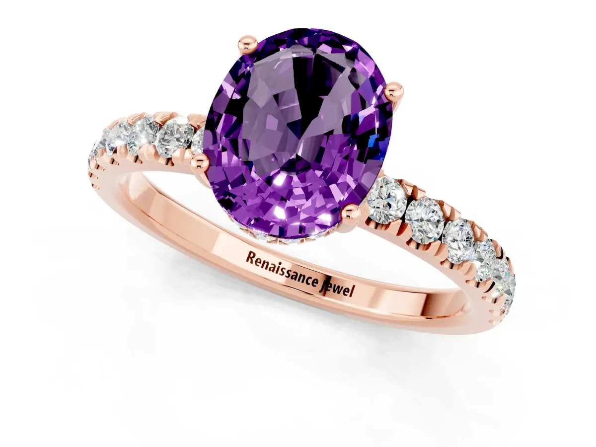 Oval Cut Amethyst Pave Band Solitaire Ring with Round and Prong Setting Rose gold