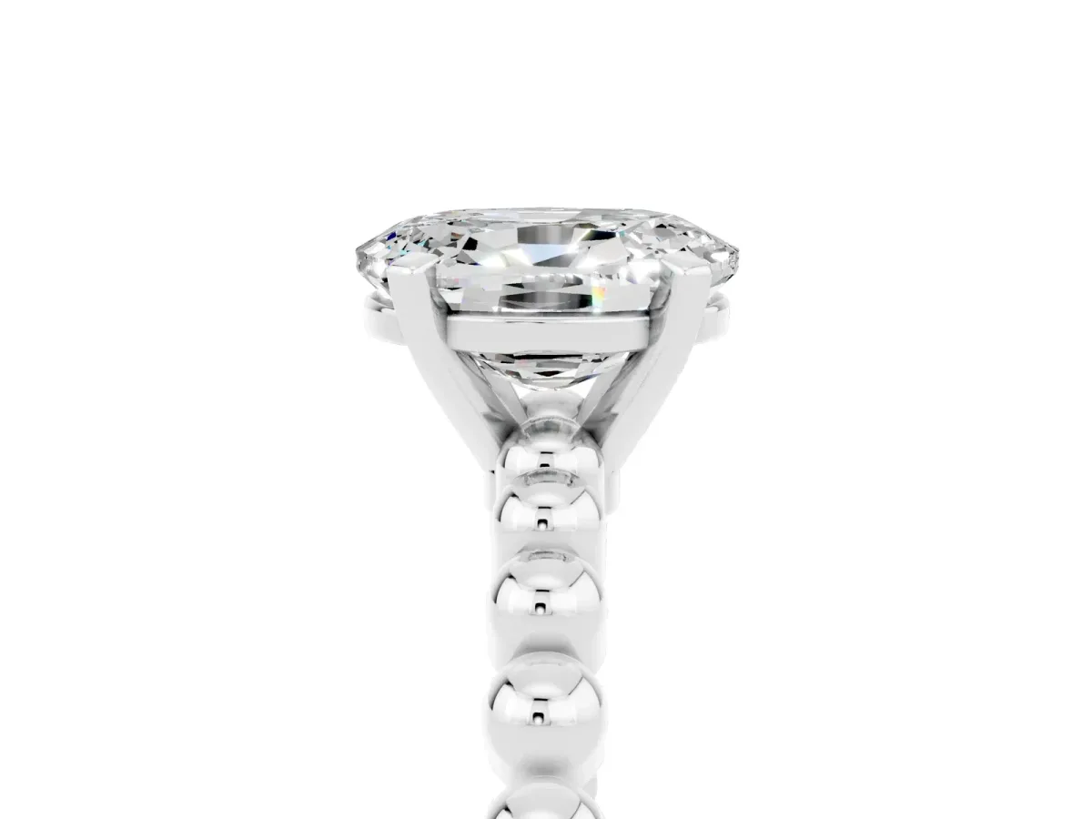 Oval Cut Moissanite Solitaire Ring with Beaded Band and Prong Setting Silver
