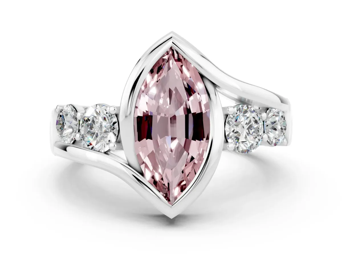 Bezel Set Marquise Cut Morganite Bypass Ring with Round Accents Platinum