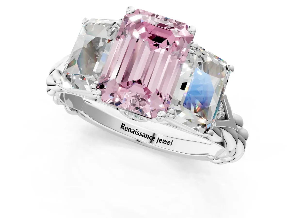 Fancy Pink Three-Stone Emerald Cut Diamond Braided Band Ring with Four-Prong Setting Silver