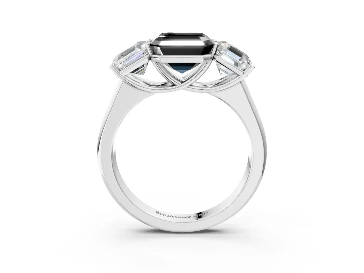 Fancy Black Asscher Cut Three-Stone Diamond Ring with Prong Setting on a Classic Band Platinum