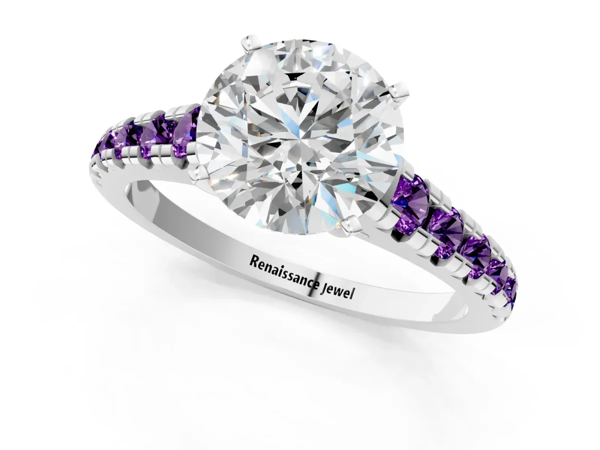 Round Cut Diamond Cathedral Solitaire Ring with Round Amethyst Pavé Band Silver