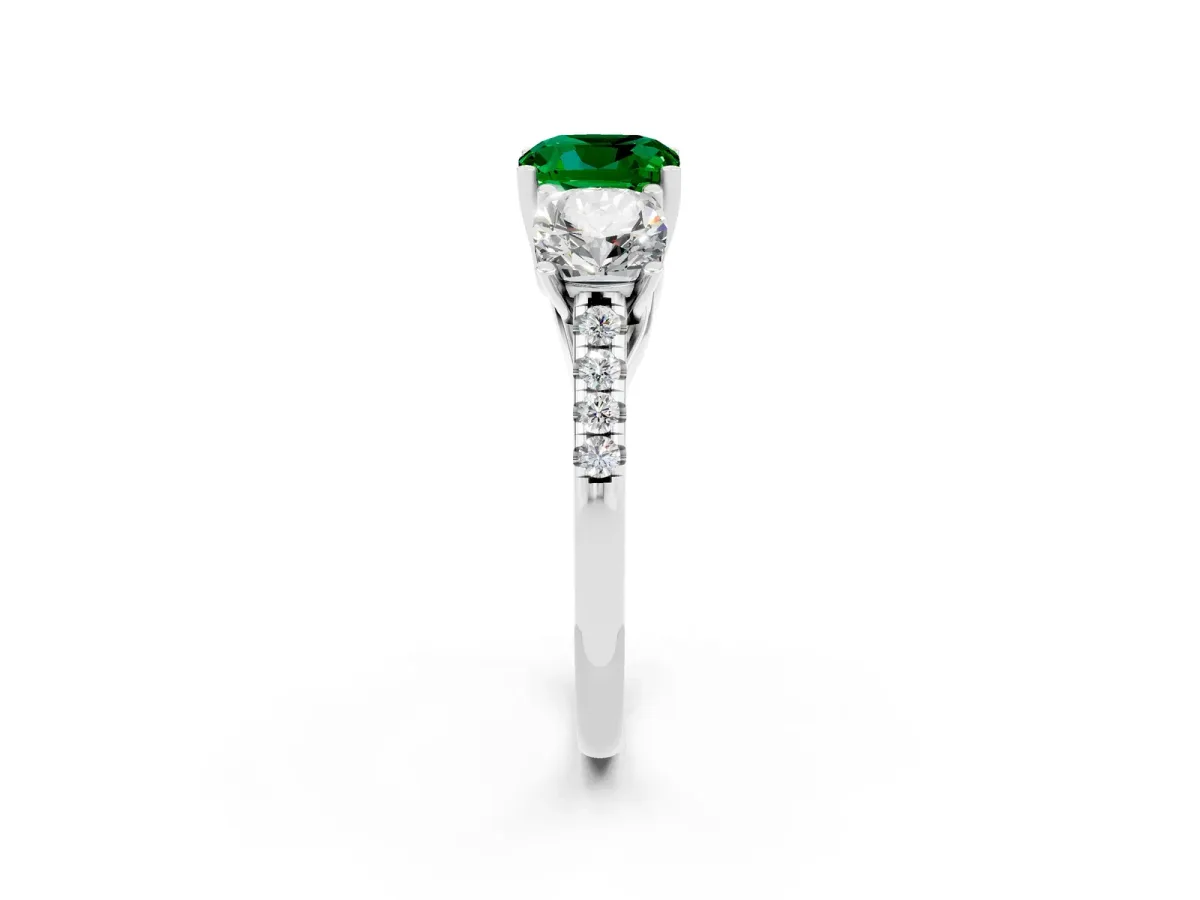 Three-Stone Cushion Cut Emerald Ring with Round Pavé Band and Prong Setting Platinum
