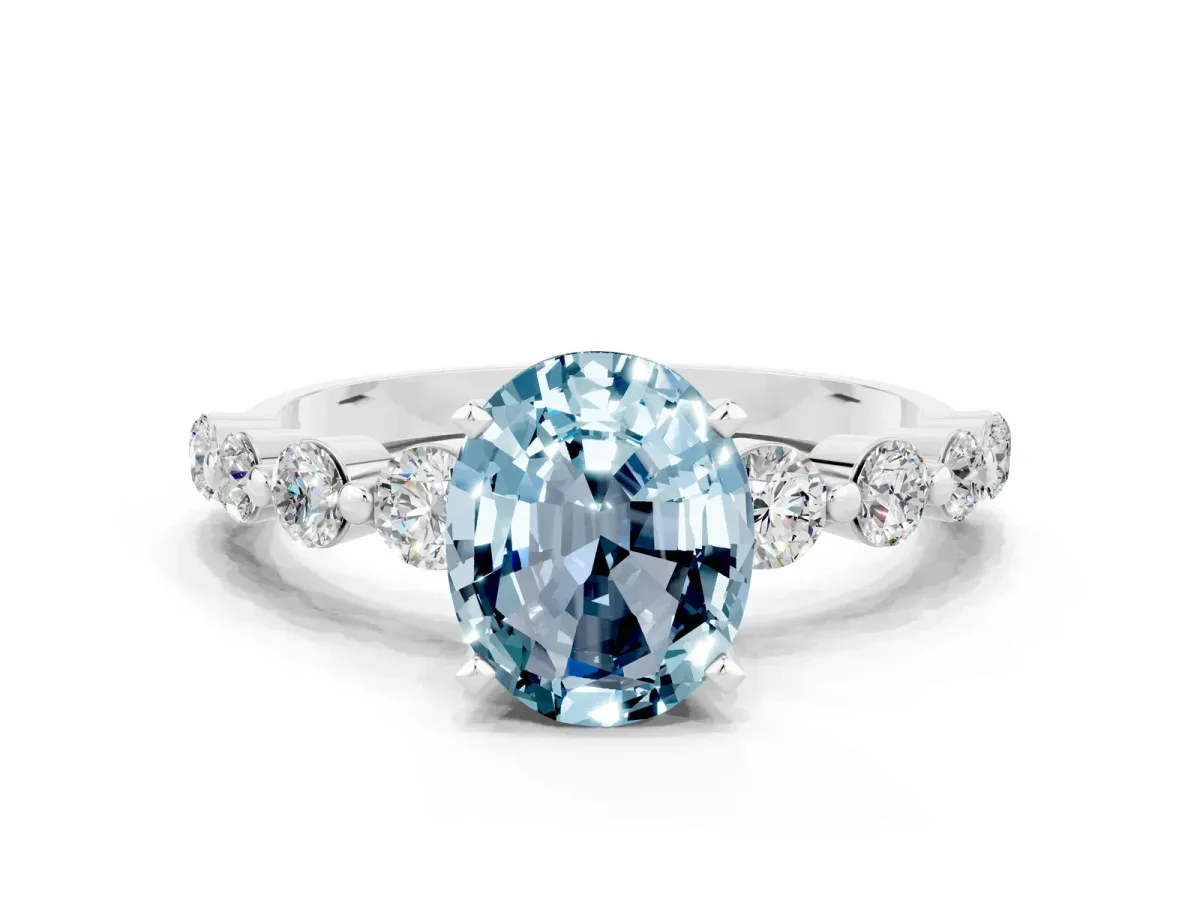 Oval Cut Solitaire Aquamarine Ring with Pave Band and Four-Prong Setting Silver