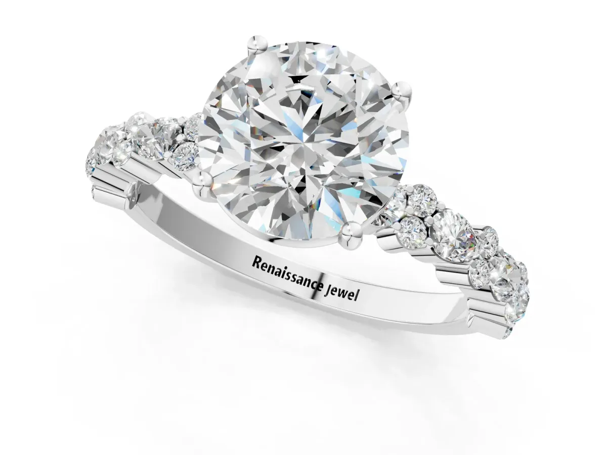 Round Cut Diamond Side Stone Solitaire Ring with Round Moissanite and Four-Prong Setting White gold