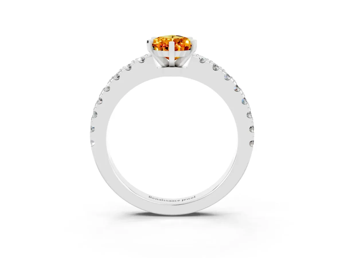 Pear Cut Solitaire Citrine with Pavé Band and Four-Prong Setting Platinum