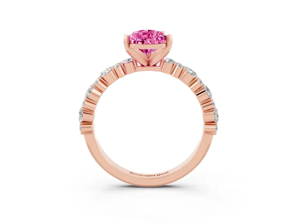 Pear Cut Pink Sapphire Side Stone Solitaire Ring with Round and Four-Prong Setting Rose gold