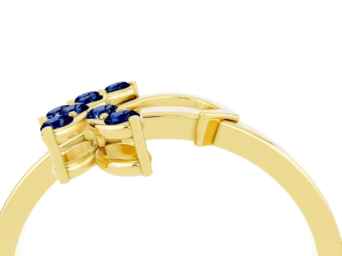Marquise Blue Sapphire Cluster Bypass Ring with Prong Setting Yellow gold