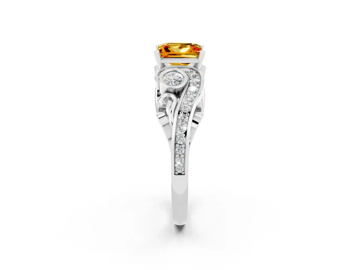 Princess Cut Citrine Solitaire Ring with Milgrain Pavé Band and Four-Prong Setting Silver