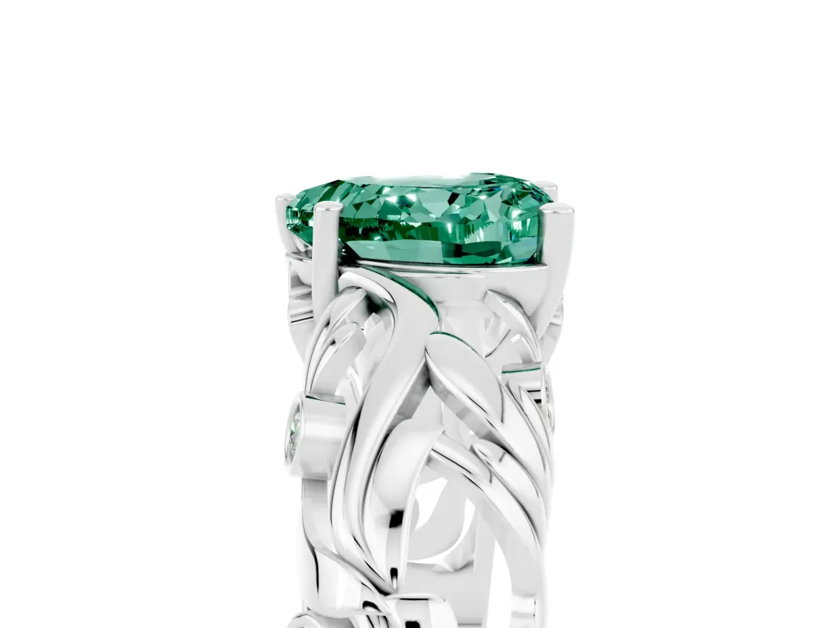 Heart Cut Solitaire Green Sapphire Leaf-Inspired Vine Band Ring with Prong Setting Platinum
