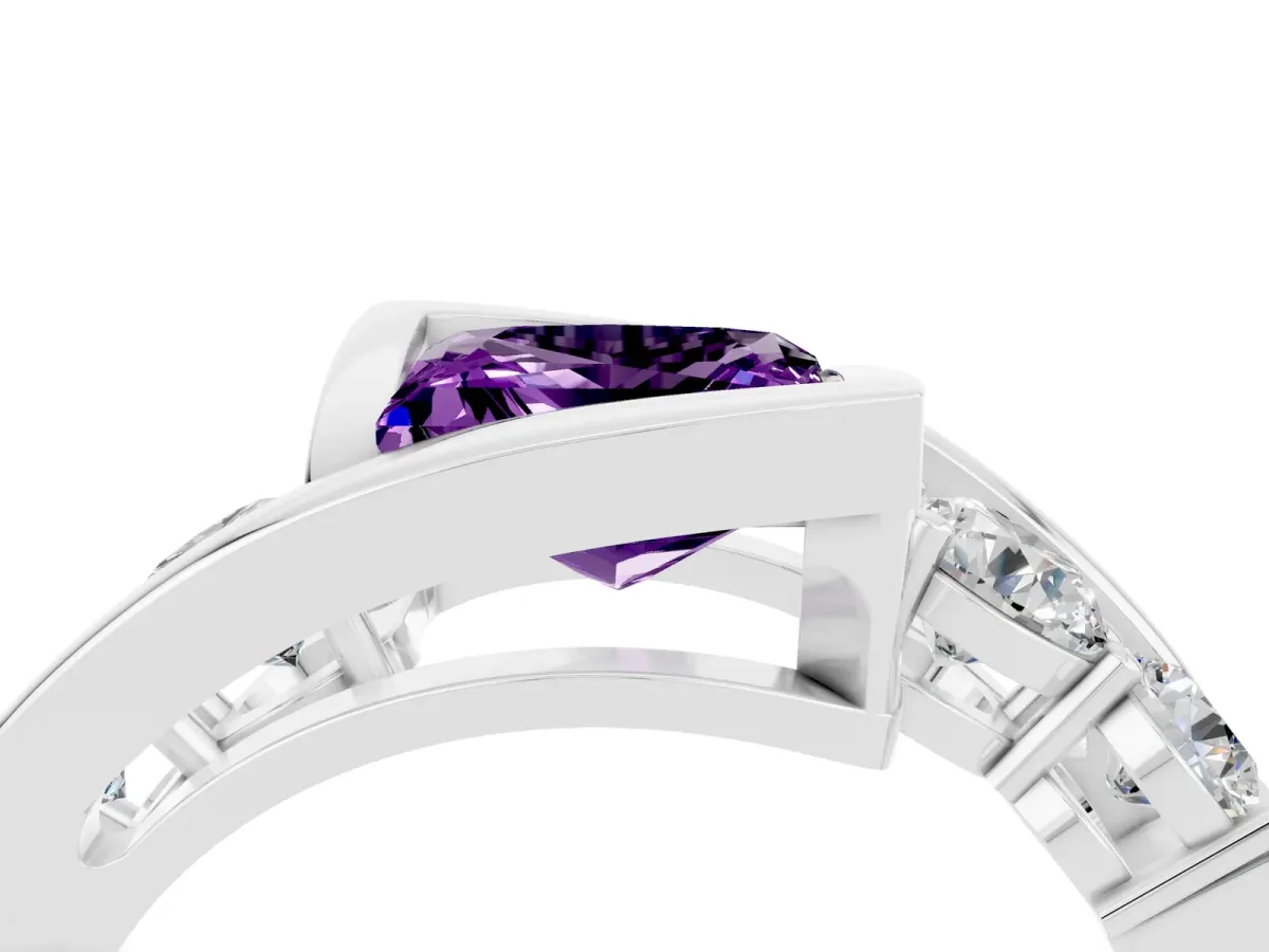 Bezel Set Princess Cut Amethyst Bypass Ring with Round Accents Silver