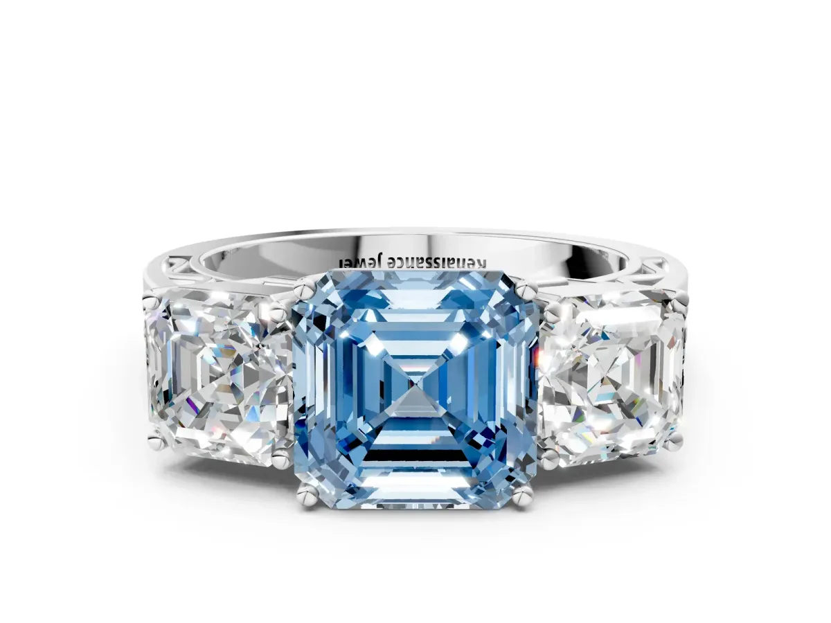 Fancy Blue Asscher Cut Diamond Three-Stone Ring with Prong Setting and Textured Band Platinum