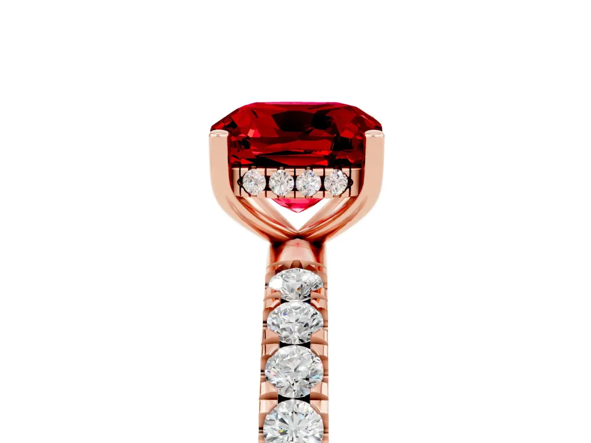 Cushion Cut Ruby Pave Band Solitaire Ring with Round and Prong Setting Rose gold