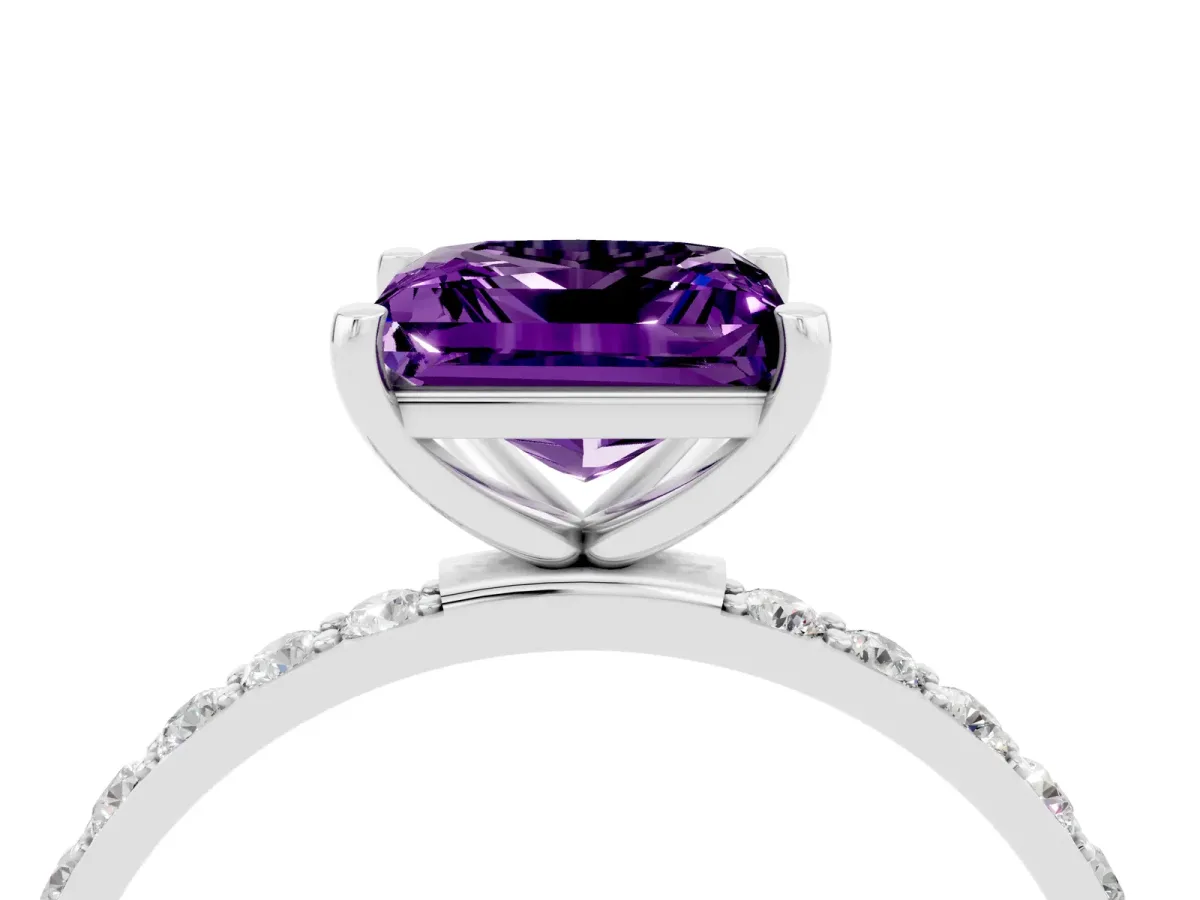 Princess Cut Amethyst Solitaire Ring with Round Pavé Band and Prong Setting Silver