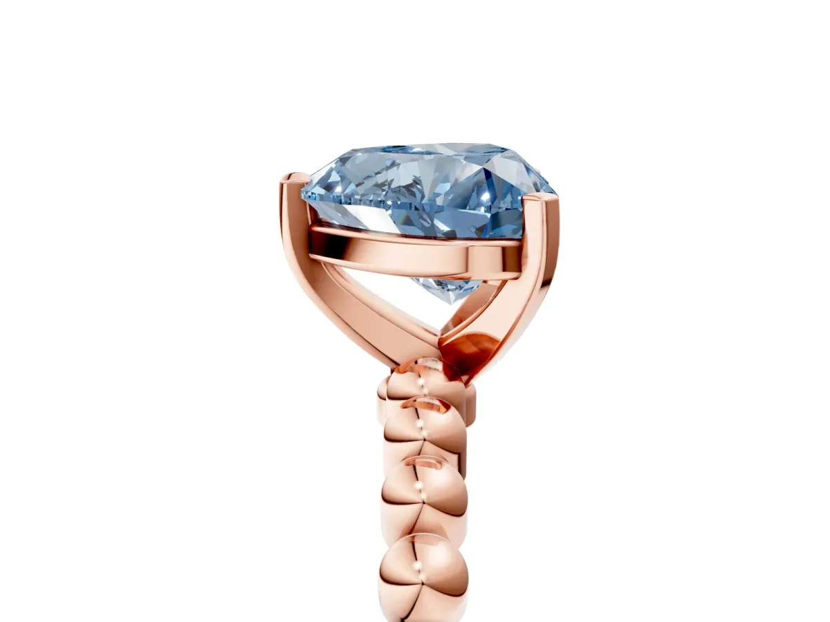 Fancy Blue Heart Cut Diamond Solitaire Ring with Beaded Band and Prong Setting Rose gold