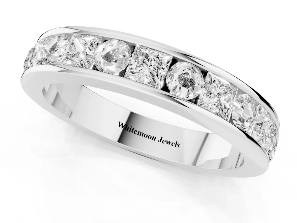 Princess Diamond Channel Set Promise Ring with Round Diamond Accents White gold