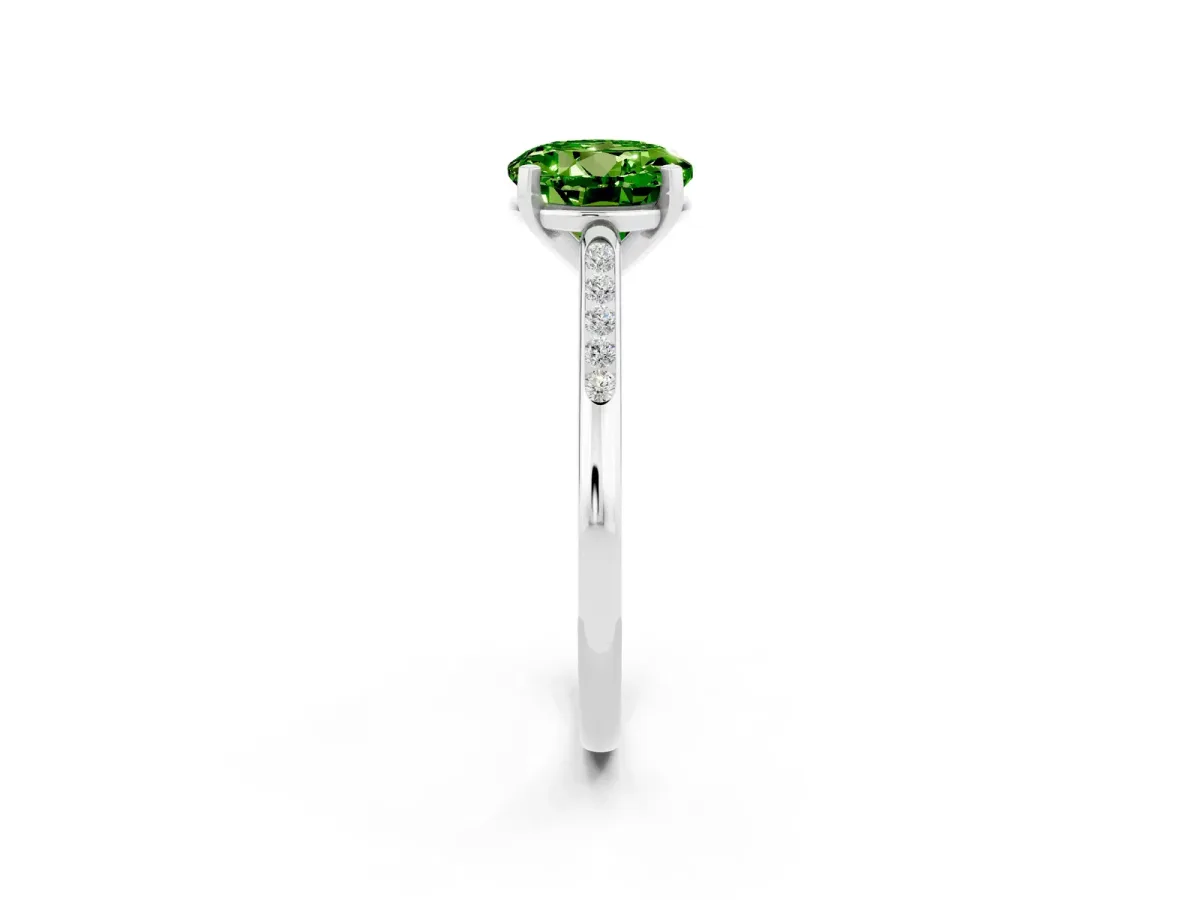 Round Cut Peridot Solitaire Ring with Channel Set Round Band and Prong Setting Platinum