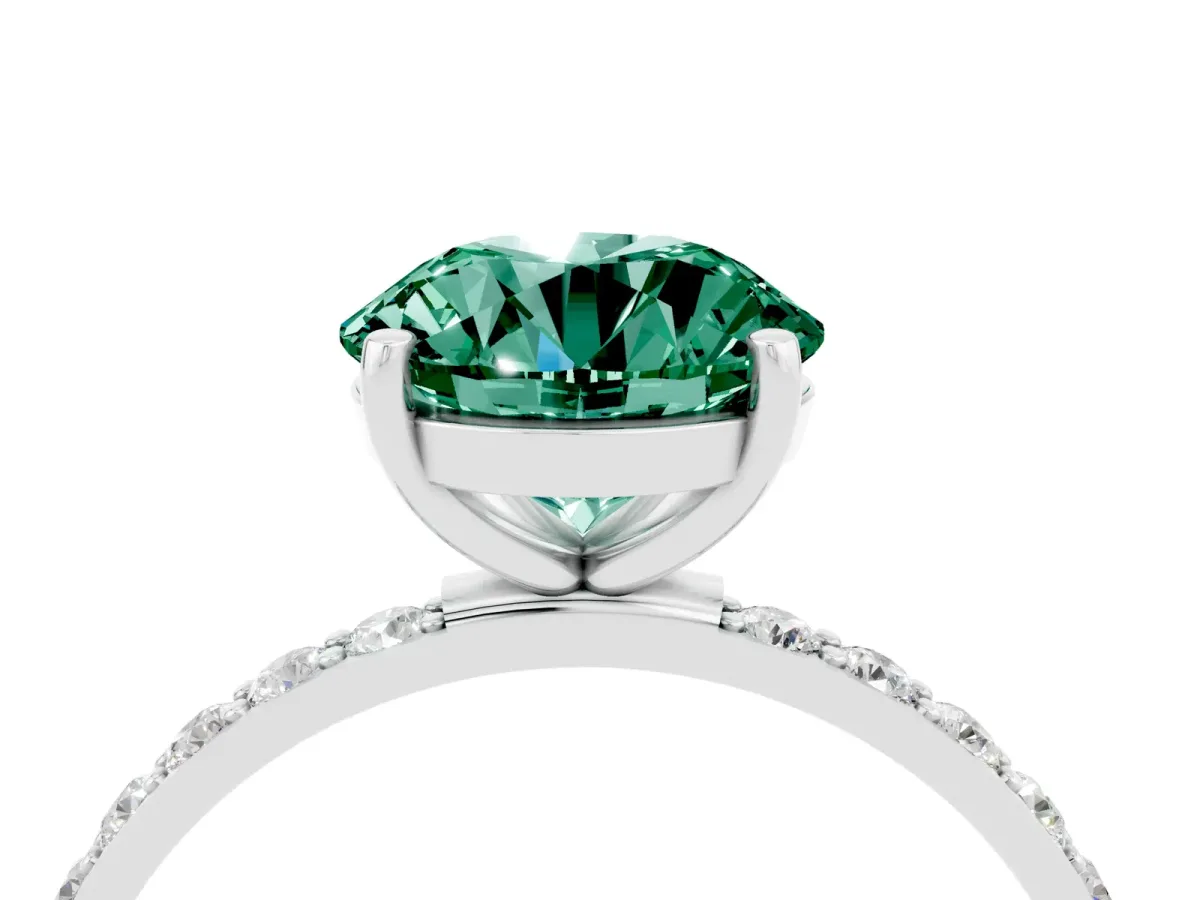 Round Cut Green Sapphire Solitaire Ring with Round Pavé Band and Prong Setting Silver