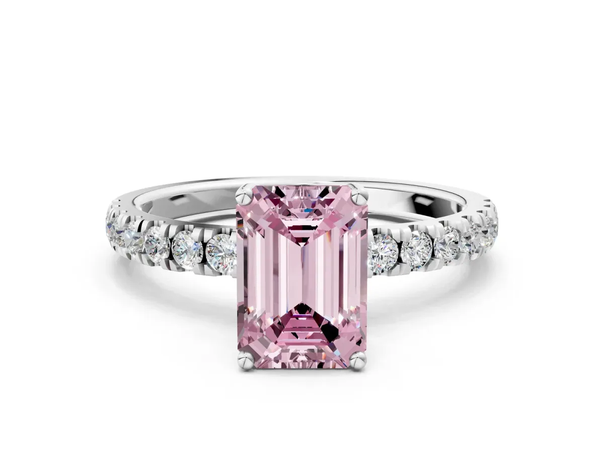 Fancy Pink Emerald Cut Diamond Pave Band Solitaire Ring with Round and Prong Setting Silver