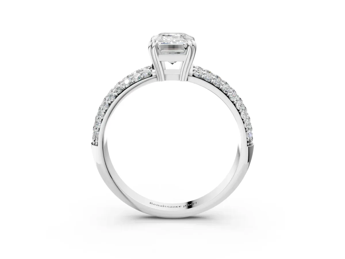 Emerald Cut Diamond Solitaire Ring with Multi-Row Round Pavé Band and Prong Setting White gold