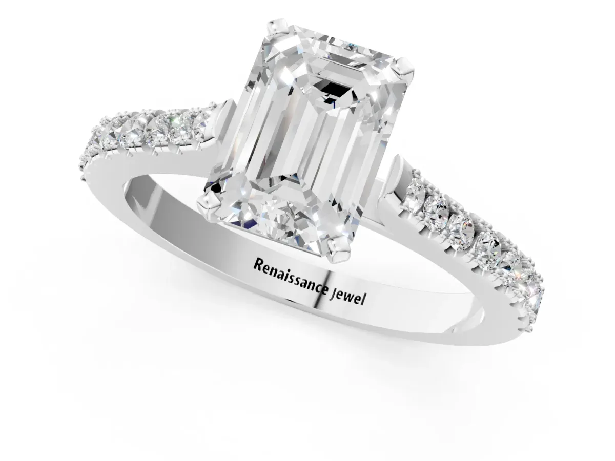 Emerald Cut Cut Solitaire Diamond Engagement Ring with Pave Band and Four-Prong Setting Silver