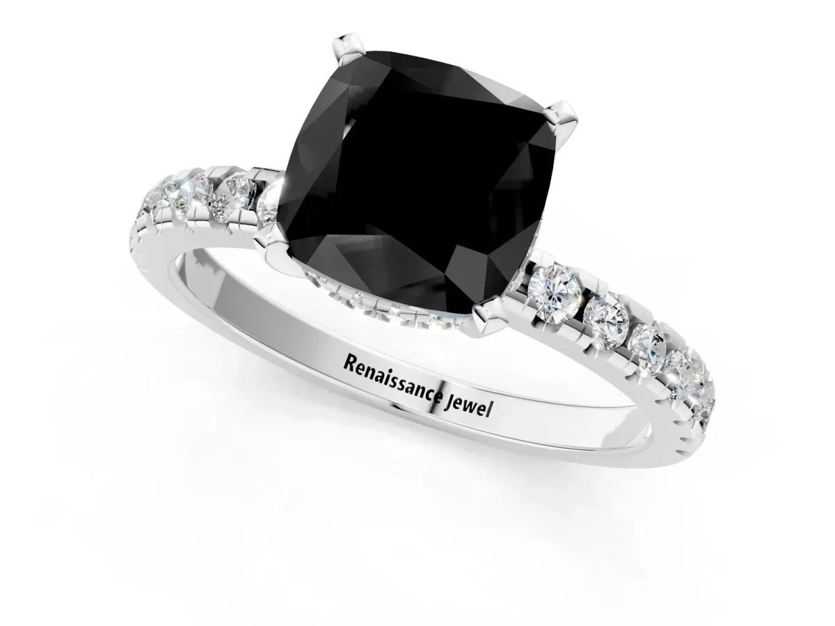 Fancy Black Cushion Cut Diamond Solitaire Ring with Round Pavé Band and Four-Prong Setting Silver
