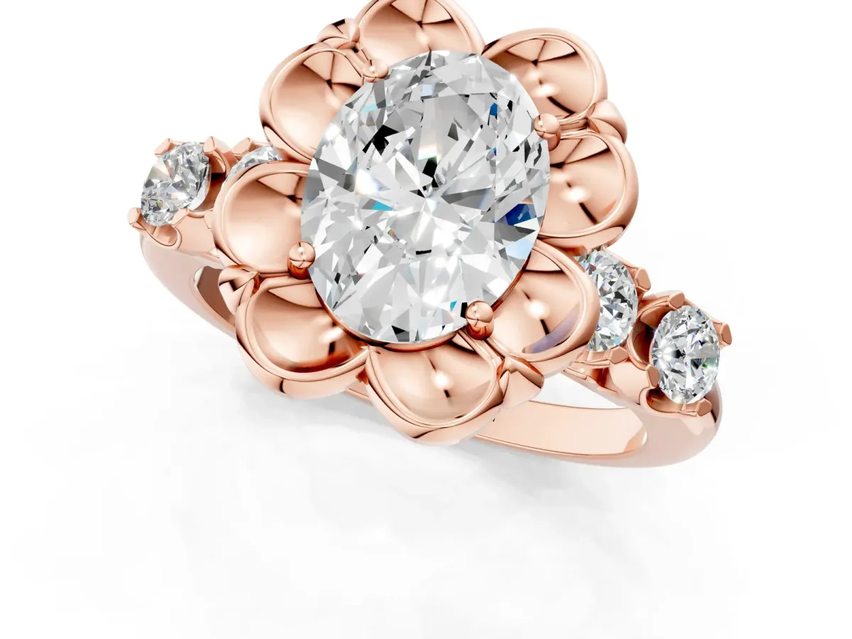 Oval Cut Cut Diamond Floral Halo Engagement Ring with Shared Prong Setting Rose gold