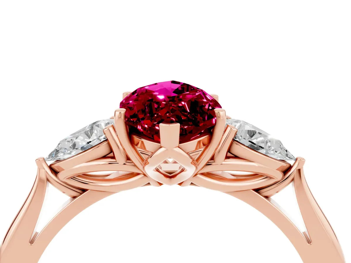 Marquise Cut Garnet Three-Stone Ring with Pear Side Stones and Prong Setting Rose gold