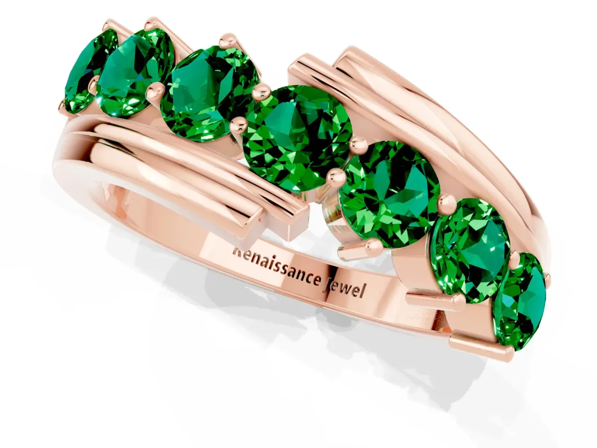 Round Emerald Wave Band with Channel and Shared Prong Setting Rose gold