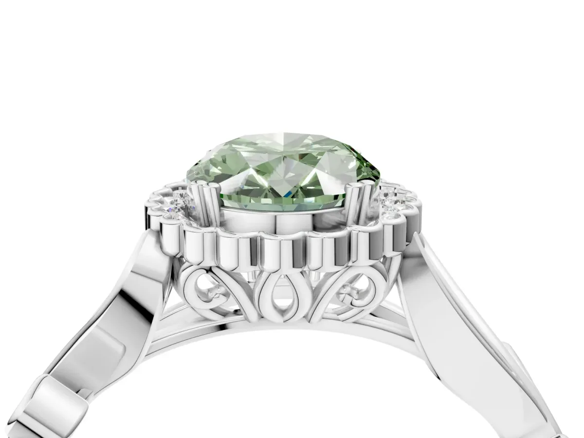 Fancy Green Oval Cut Diamond Halo Ring with Vintage Split Shank and Four-Prong Setting Silver