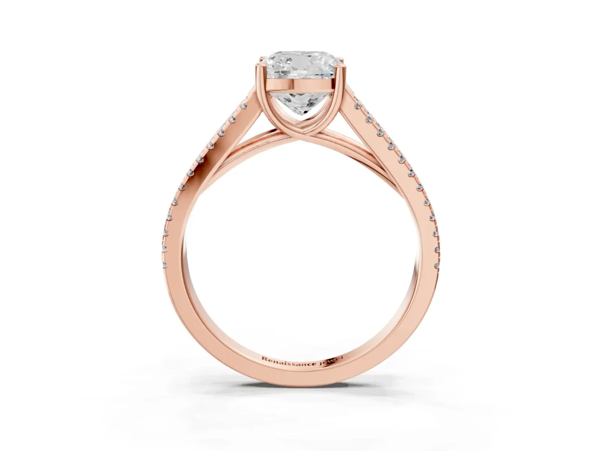 Cushion Cut Diamond Solitaire Engagement Ring with Split Shank Pavé Band Rose gold
