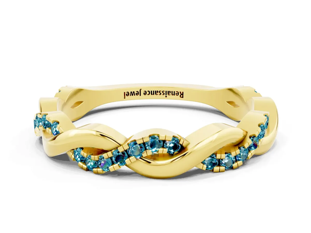 Round Blue Topaz Twist Eternity Band with Pavé Setting Yellow gold
