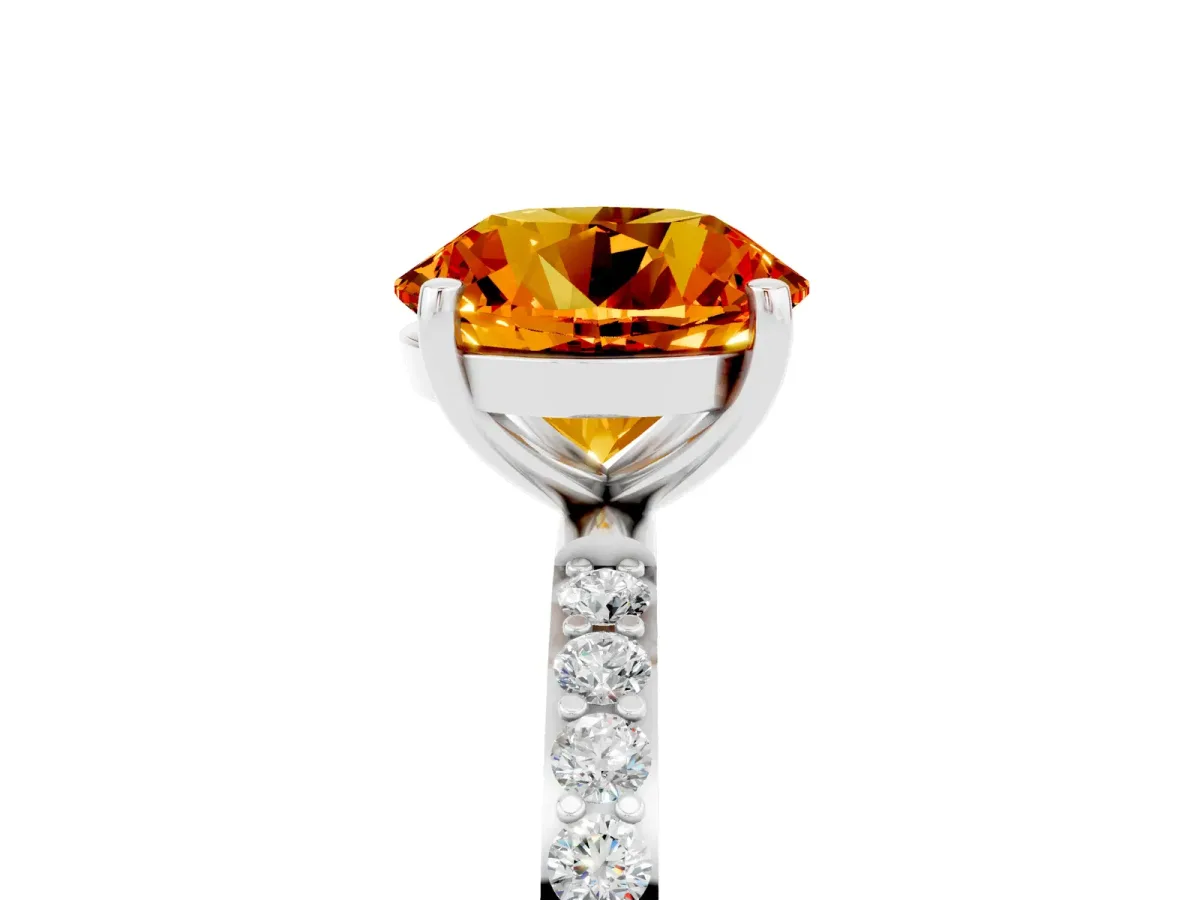 Round Cut Citrine Solitaire Ring with Round Pavé Band and Prong Setting Silver