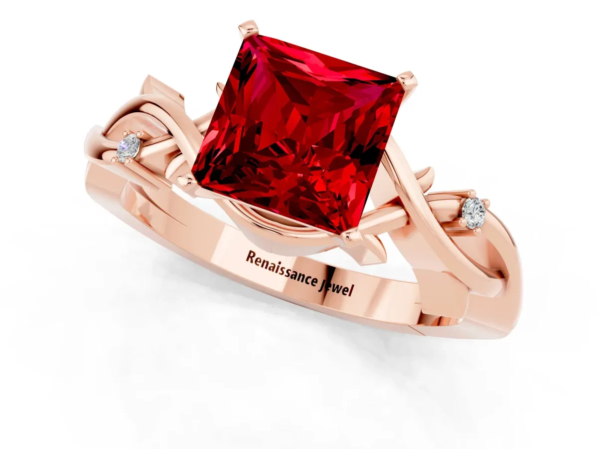 Princess Cut Ruby Solitaire Ring with Twisted Band and Prong Setting Rose gold