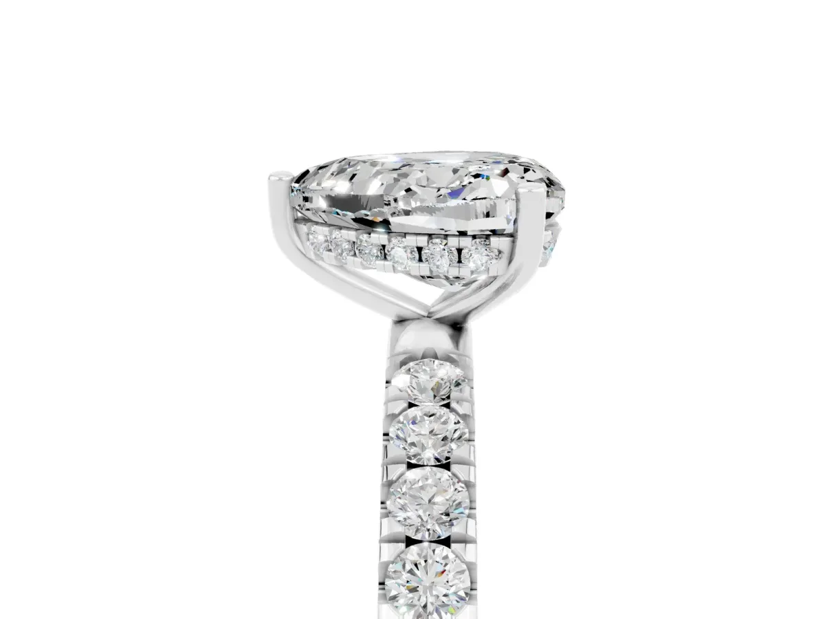 Heart Cut Moissanite Pave Band Solitaire Ring with Round and Prong Setting Silver