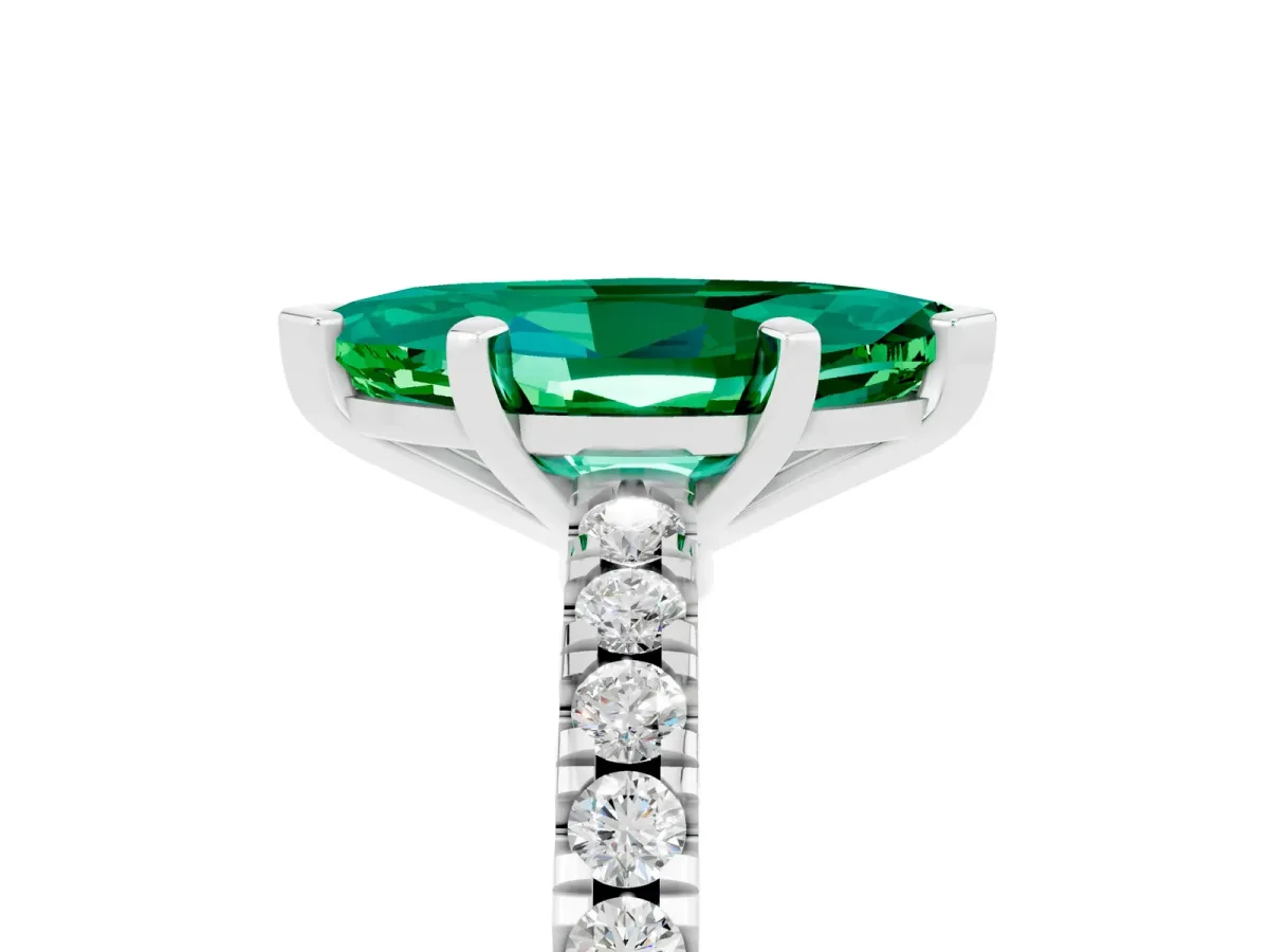 Marquise Cut Solitaire Emerald with Pavé Band and Four-Prong Setting Silver