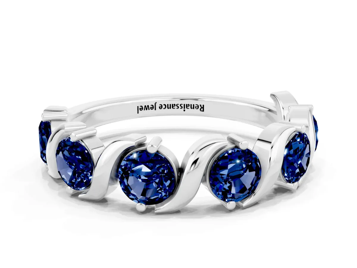 Six-Stone Round Blue Sapphire Wave Band with Shared Prong Setting White gold