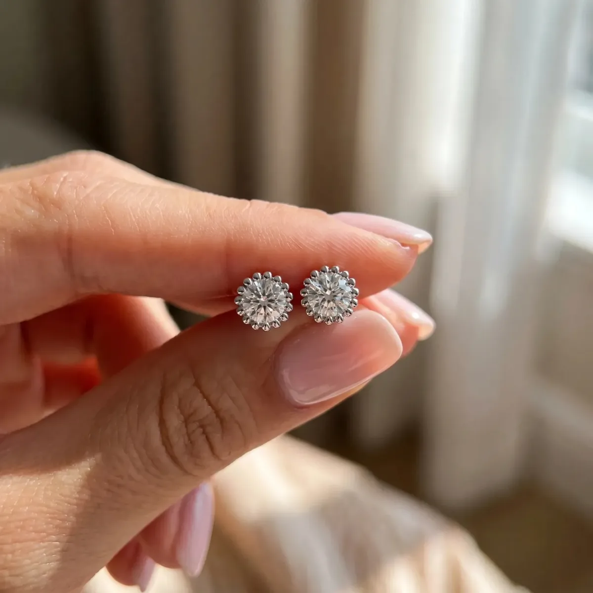 Round Diamond Flower Halo Stud Earrings with Petal Prong Setting Silver