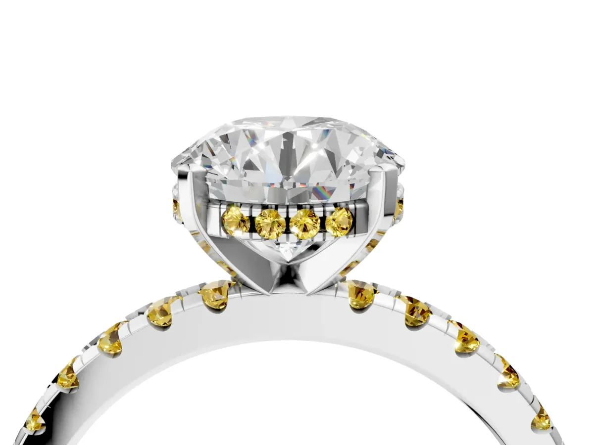 Round Cut Diamond Solitaire Ring with Round Tanzanite Pavé Band and Four-Prong Setting Silver