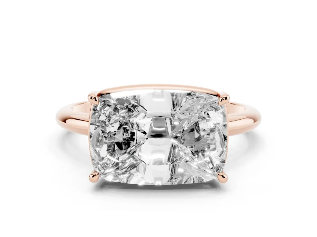 Old Mine Elongated Cushion Diamond East-West Bezel Set Four Claw Solitaire Ring Rose gold