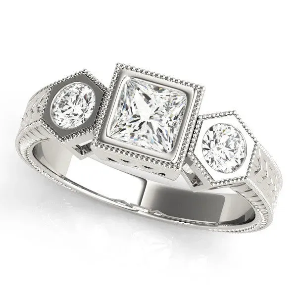 Bezel-Set Princess and Round Cut Milgrain Band Ring Platinum