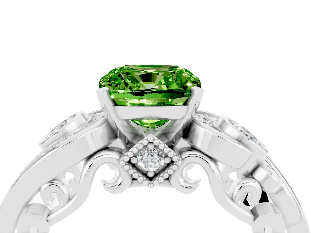 Cushion Cut Peridot Solitaire Ring with Milgrain Pavé Band and Four-Prong Setting Silver