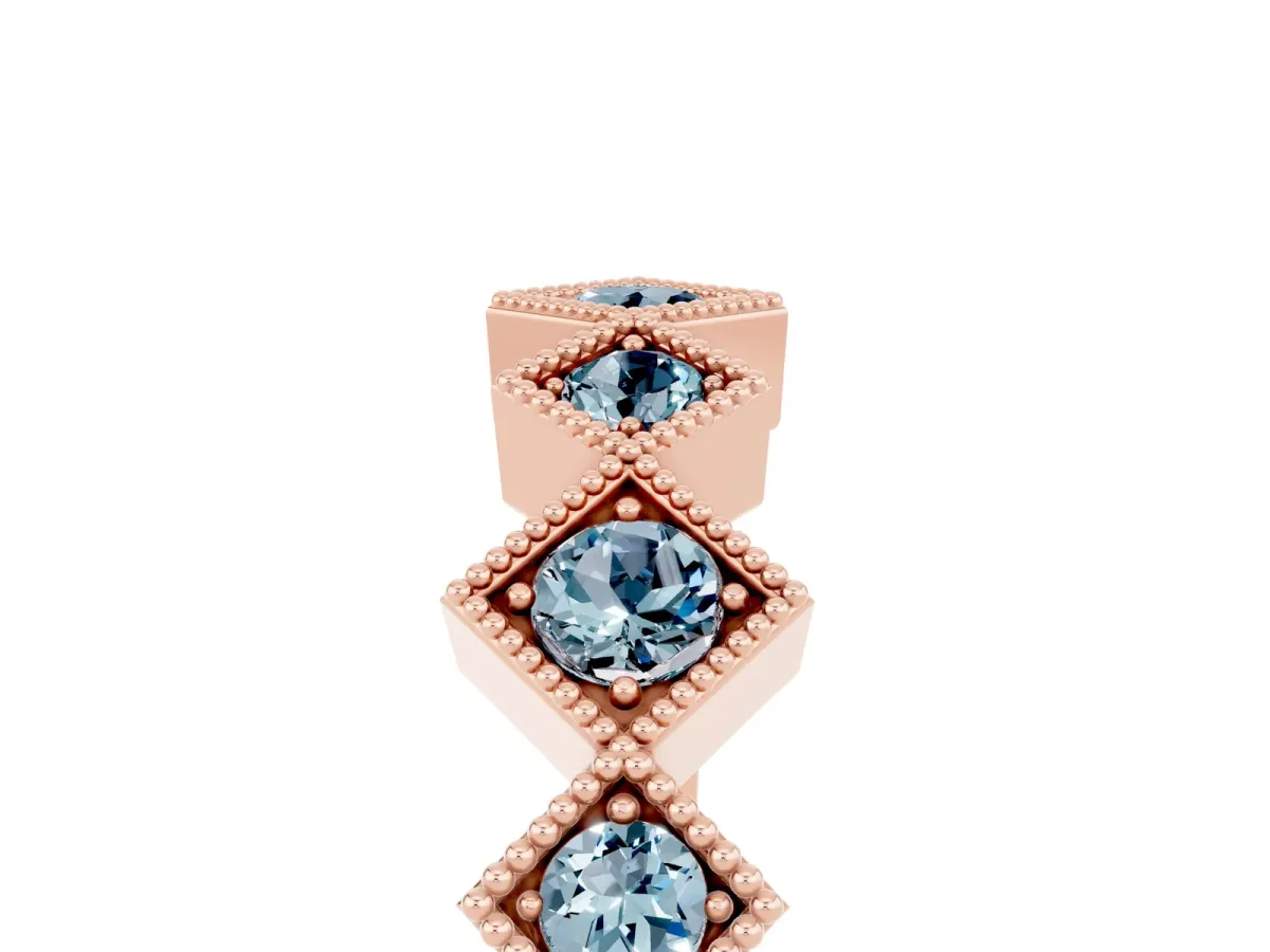 Milgrain Square Bezel Round Aquamarine Chevron Band Rose gold
