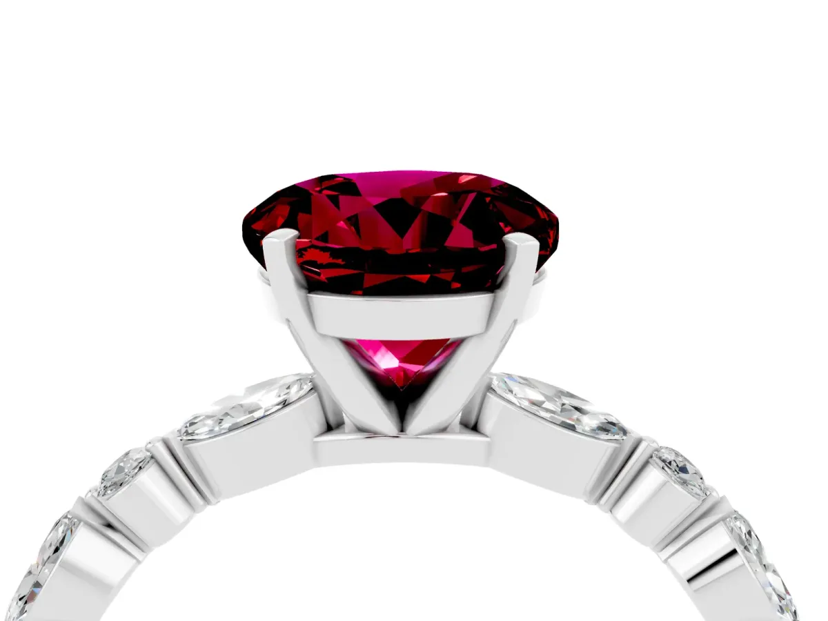 Round Cut Garnet Ring with Marquise and Round Side Stones and Four-Prong Setting Silver