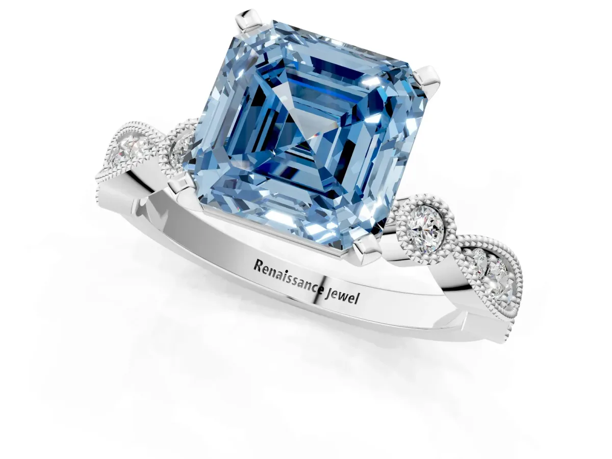 Fancy Blue Asscher Cut Milgrain Bezel Diamond Engagement Ring with Solitaire Prong Setting Platinum
