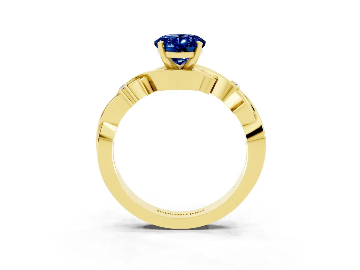 Oval Cut Blue Sapphire Solitaire Ring with Twisted Band and Prong Setting Yellow gold