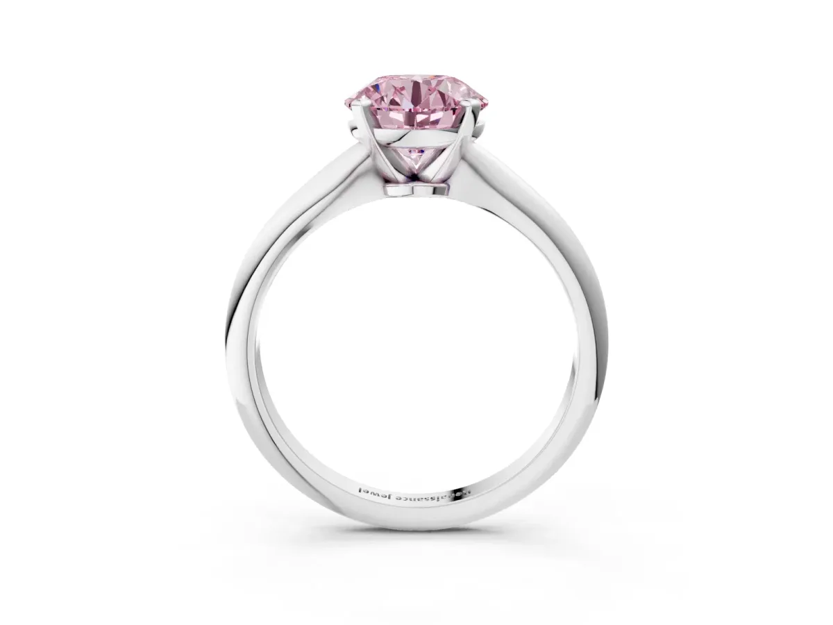 Fancy Pink Round Cut Diamond Solitaire Engagement Ring with Classic Band and Four-Prong Setting Silver
