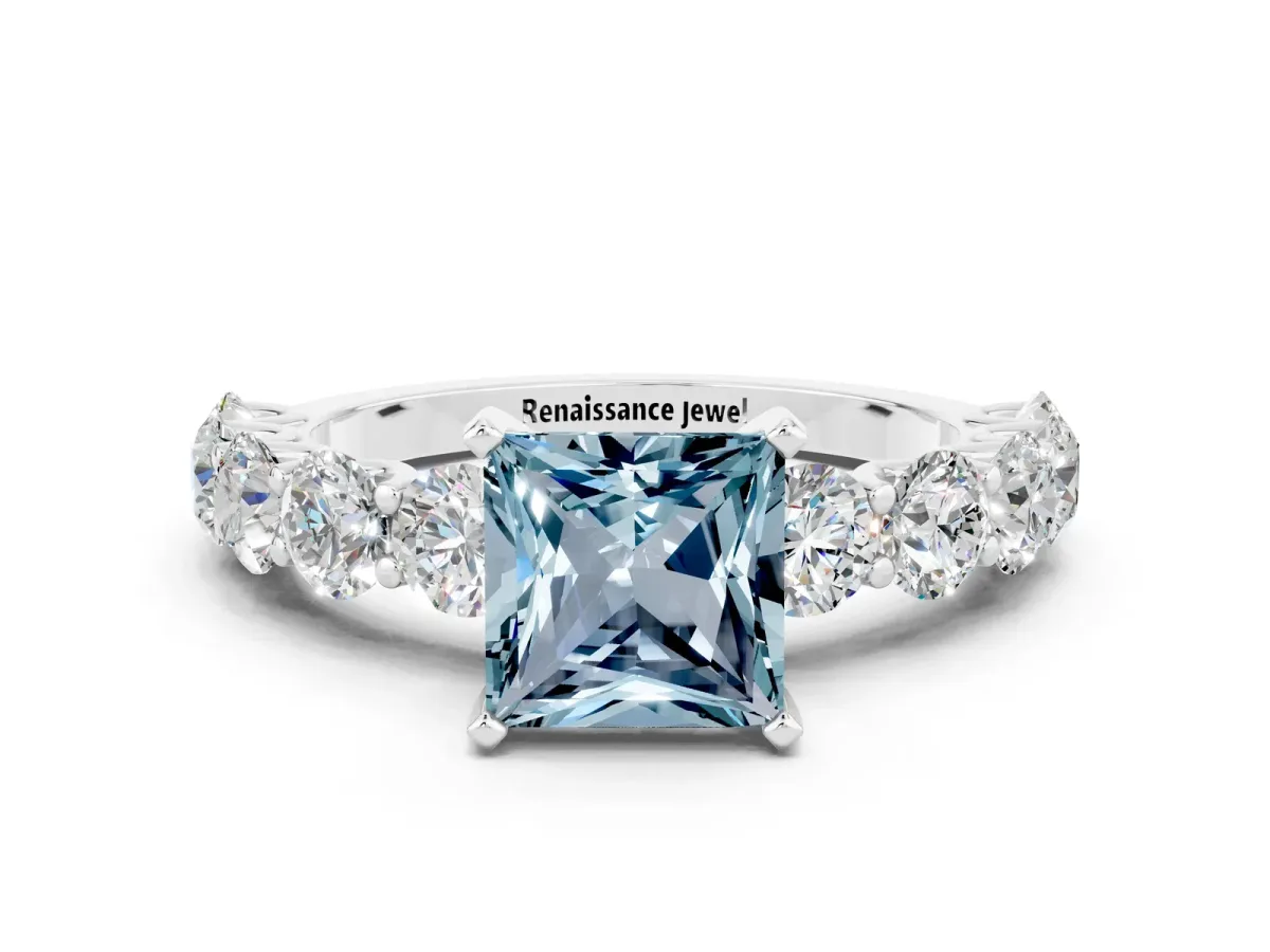 Princess Cut Aquamarine Prong Setting with Side Stones on a Pave Band Silver