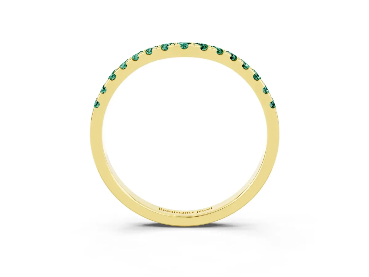 Curved Pavé Round Green Sapphire Wedding Band with Shared Prong Setting Yellow gold